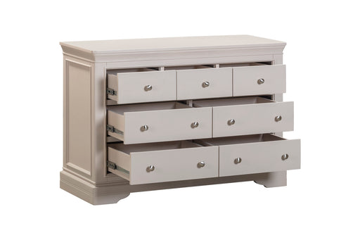 The Lima Wide Chest, a light gray wooden dresser from the Taupe Bedroom Range, features nine roomy drawers with round knobs and a sturdy build, shown partially open against a white background.