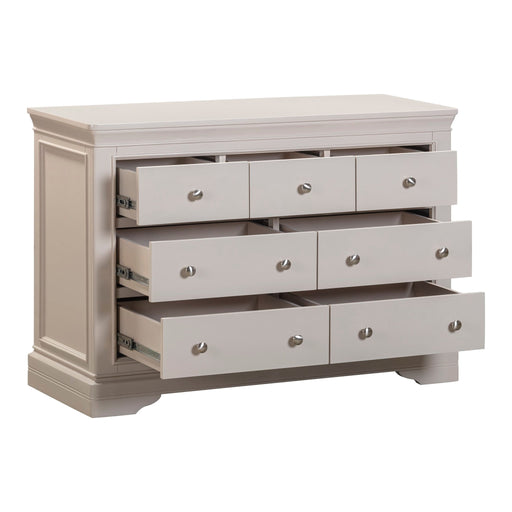 The Lima Wide Chest, a light gray wooden dresser from the Taupe Bedroom Range, features nine roomy drawers with round knobs and a sturdy build, shown partially open against a white background.