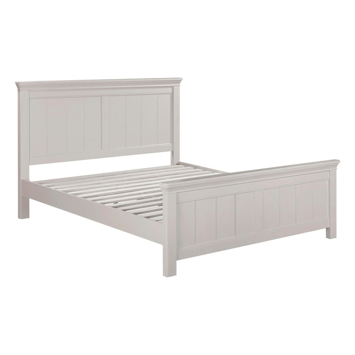 The Lima Bedframe is a white wooden bed with a paneled headboard and footboard, slatted mattress support, and a simple, classic design that complements the Lima Taupe Bedroom Range.