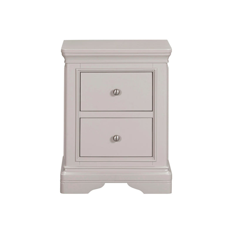 The Lima Bedside Locker is a light gray wooden nightstand with two drawers, round metal knobs, decorative molding, and a raised base. Part of the Lima Taupe Bedroom Range, it's ideal for any taupe bedroom furniture collection.