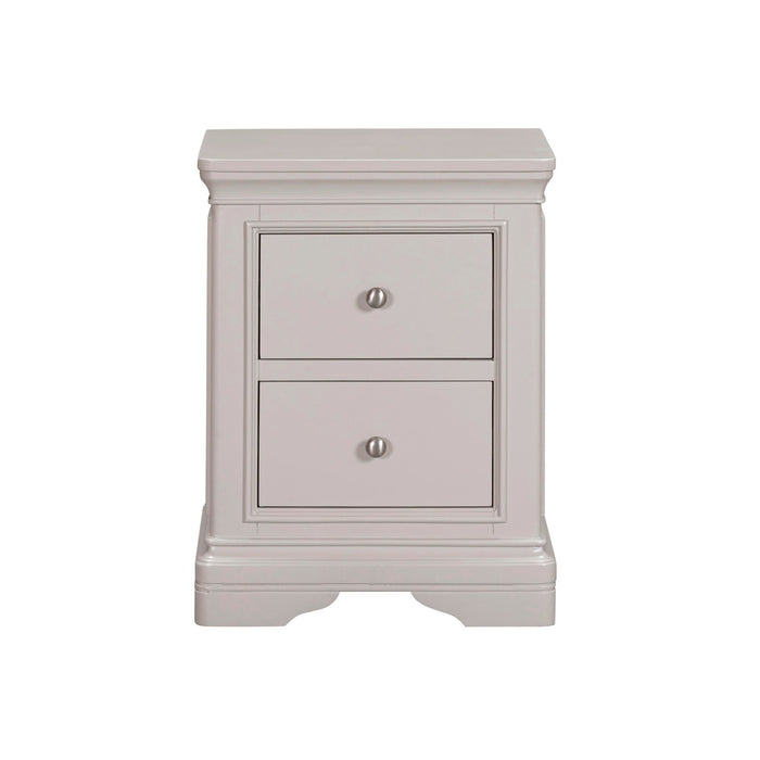 The Lima Bedside Locker is a light gray wooden nightstand with two drawers, round metal knobs, decorative molding, and a raised base. Part of the Lima Taupe Bedroom Range, it's ideal for any taupe bedroom furniture collection.
