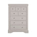 The Lima Tall Chest, in light gray with a modern design, features seven drawers of varying sizes, each with a round silver knob—an ideal addition to any taupe bedroom collection.