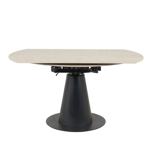 The Como Swivel Dining Table features a light wood, oval-shaped top and a single black cone pedestal base, shown against a plain white background.