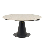 The Como Swivel Dining Table features a round light wood tabletop and a black, cone-shaped pedestal base, shown against a plain white background.
