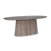 Contemporary oval table in driftwood finish for a dining room.