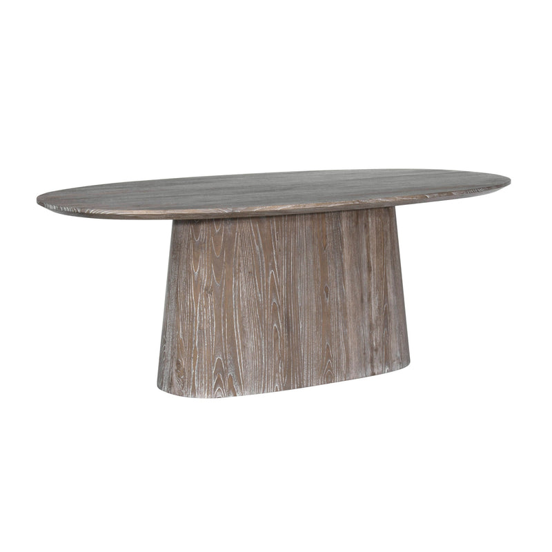 Contemporary oval table in driftwood finish for a dining room.
