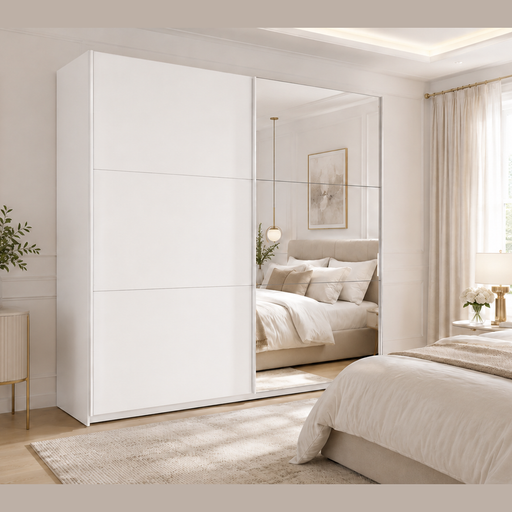 A modern bedroom with neutral tones, featuring the Vigo Sliderobe—a large white wardrobe with mirrored sliding doors—alongside a beige upholstered bed, a light wood nightstand, and soft natural light filtering through sheer curtains.