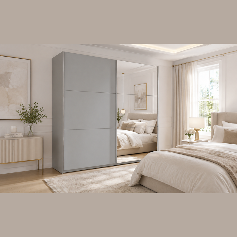 Modern bedroom featuring the Vigo Sliderobe—a large gray wardrobe with one mirrored sliding door that reflects a cozy bed. The space is styled with beige bedding, side tables, lamps, and a window dressed in sheer curtains allowing daylight to fill the room. Decor accents include framed art and green plants.