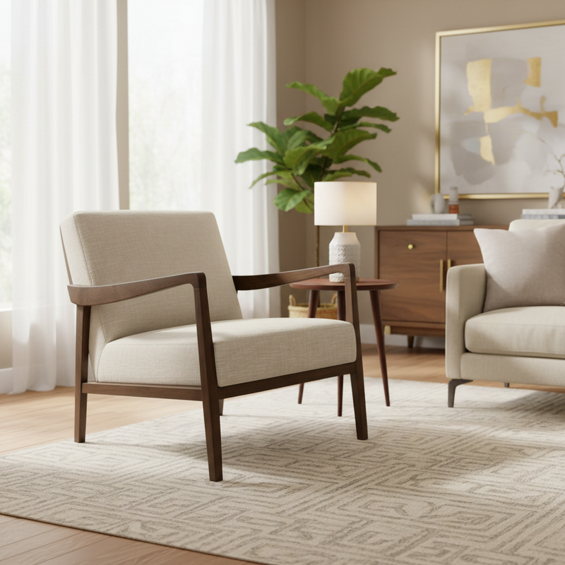A modern living room with the Monza Armchair in linen fabric and walnut armrests, a matching sofa, wooden side table with lamp, geometric rug, potted plant, abstract wall art, and light streaming through sheer curtains.