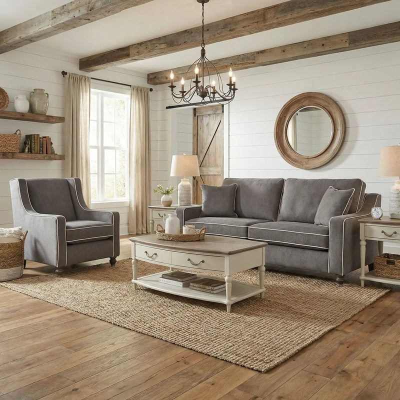 A cozy living room featuring the Emperor Range gray Irish-made sofa and armchair in Aqua Clean fabrics, with white coffee and side tables, round mirror, rustic beams, jute rug, neutral decor, and sunlight streaming through beige curtains.