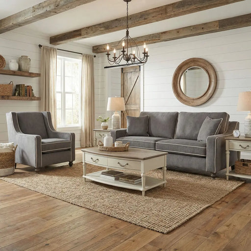 A cozy living room featuring the Emperor Range gray Irish-made sofa and armchair in Aqua Clean fabrics, with white coffee and side tables, round mirror, rustic beams, jute rug, neutral decor, and sunlight streaming through beige curtains.