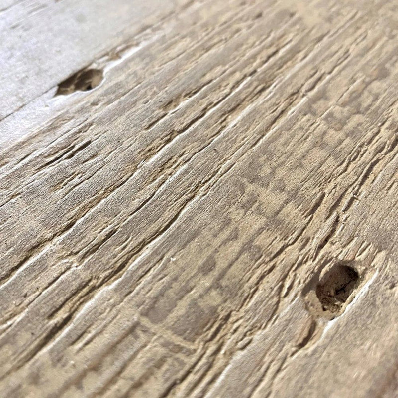 Close-up of the Bowood Console Table's textured wooden surface, featuring visible grain, grooves, and natural imperfections that add rustic charm—perfect for sustainable home decor or reclaimed pine furniture projects.