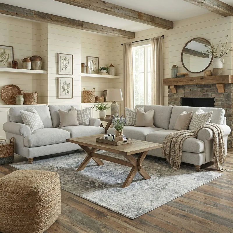 A cozy living room with two Monroe Sofa Range pieces in light gray Aqua Clean fabric, a wooden coffee table, woven pouf, patterned rug, and stone fireplace. The space highlights neutral tones, natural light, and rustic decor.