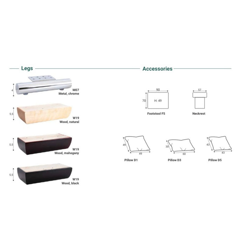 Image of Grand Corner Group 4L: four furniture leg styles (chrome metal, natural wood, mahogany wood, black wood) and line drawings of accessories—footstool, neckrest, and three pillow shapes (D1, D3, D5) with dimensions.