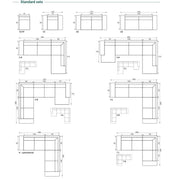Diagram showing nine standard Grand Corner Group 4L modular sofa set layouts, including corner group configurations, with labeled dimensions in centimeters. Each set is numbered and features various L-shaped and U-shaped arrangements.
