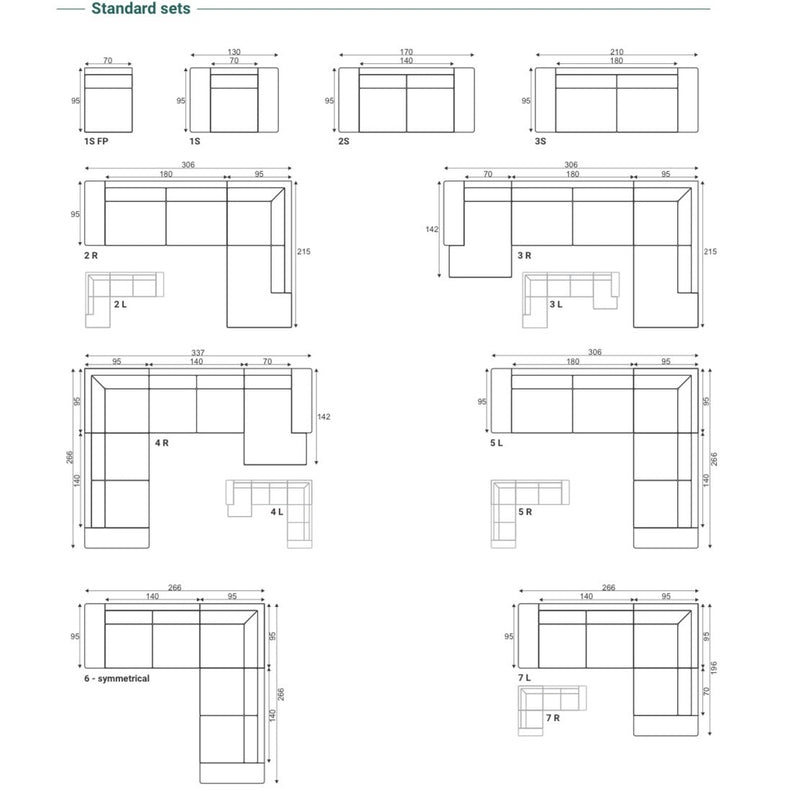Diagram showing nine standard Grand Corner Group 4L modular sofa set layouts, including corner group configurations, with labeled dimensions in centimeters. Each set is numbered and features various L-shaped and U-shaped arrangements.