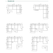 Diagram showing six Grand Corner Group 4L modular sofa layouts—8L/8R, 11-symmetrical, 12L/12R, 13L/13R, 14L, and 15R—including detailed measurements in centimeters for each corner group configuration.