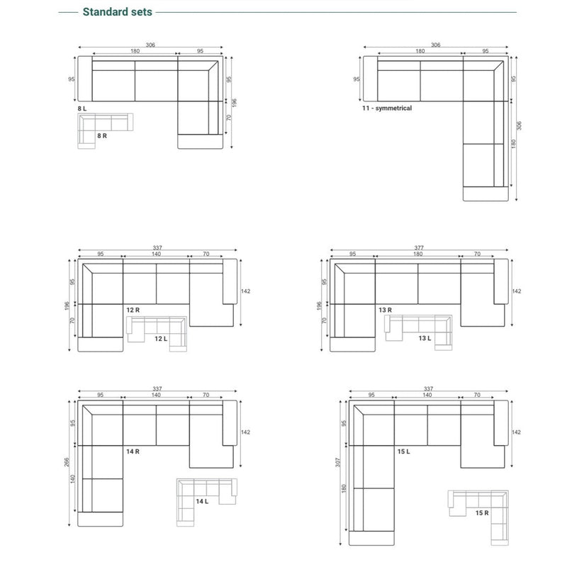 Diagram showing six Grand Corner Group 4L modular sofa layouts—8L/8R, 11-symmetrical, 12L/12R, 13L/13R, 14L, and 15R—including detailed measurements in centimeters for each corner group configuration.