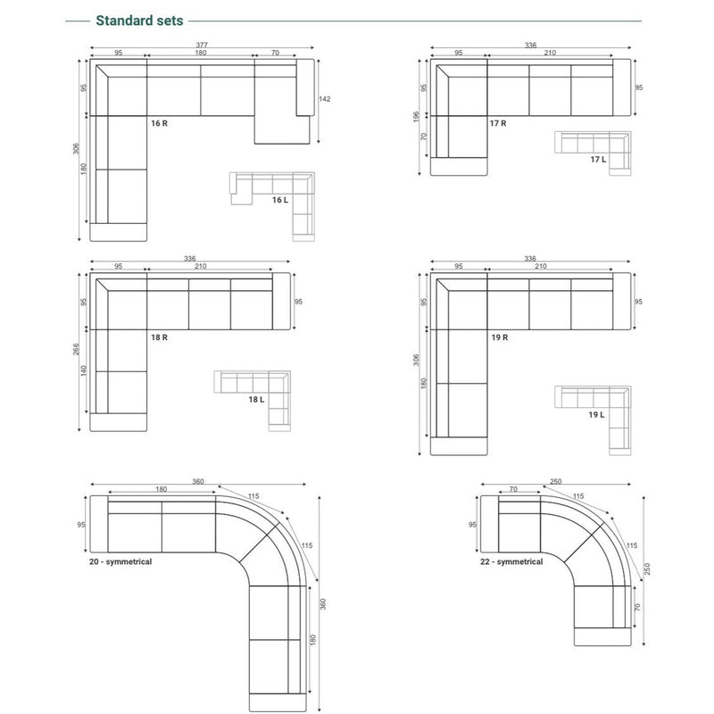 Diagram showing six different Grand Corner Group 4L modular sofa layouts, including options like 16R, 17R, and 17L, each with measurements—ideal for custom comfort thanks to micro pocket springs.