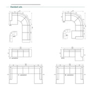 Technical line drawings of the Grand Corner Group 4L sectional modular sofa, showing curved, L-shaped, and symmetrical corner configurations with labeled dimensions and part numbers.