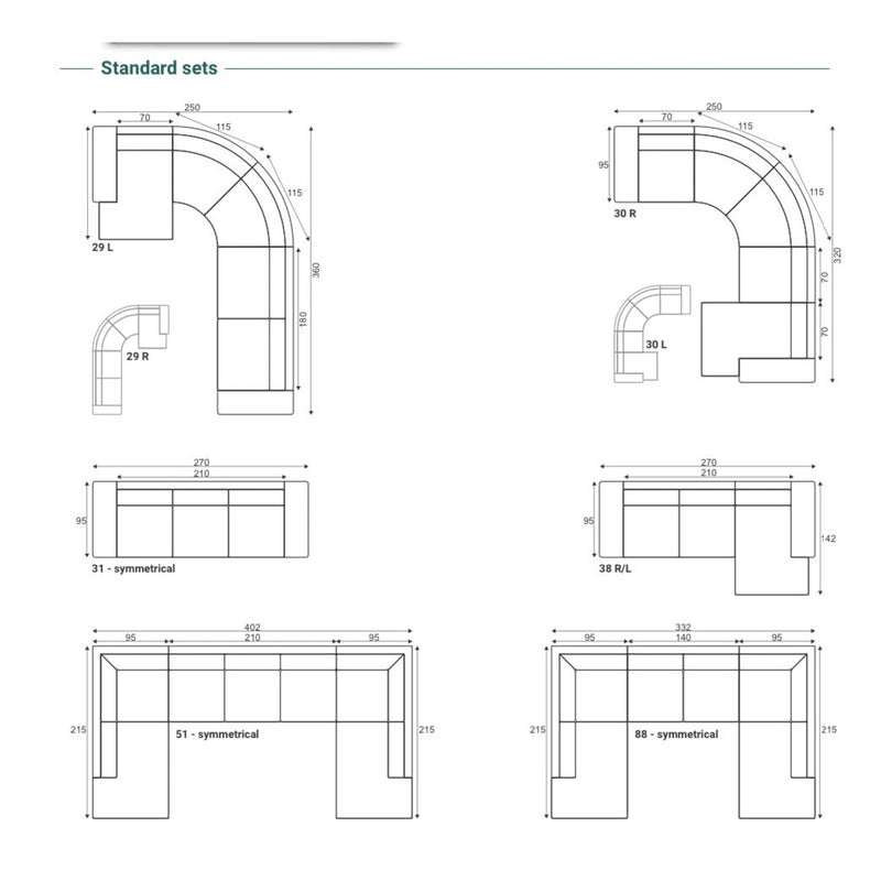 Technical line drawings of the Grand Corner Group 4L sectional modular sofa, showing curved, L-shaped, and symmetrical corner configurations with labeled dimensions and part numbers.