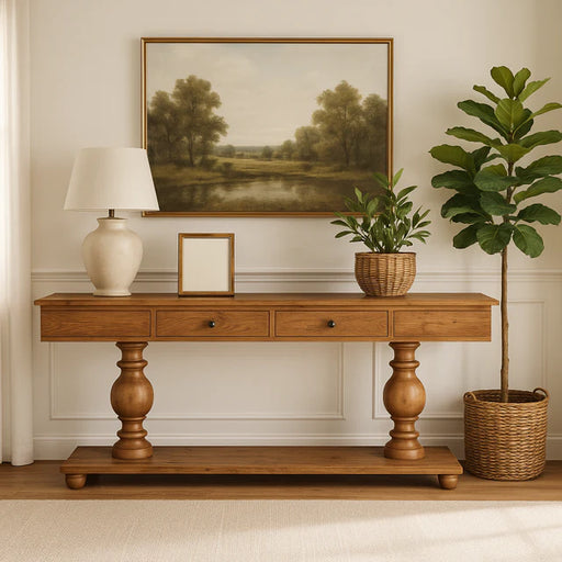 The Leeds Console Table with three drawers holds a white lamp, framed picture, and potted plant. A landscape painting hangs above it, while a large leafy plant in a basket beside the table enhances the rustic charm of the cream-colored wall.