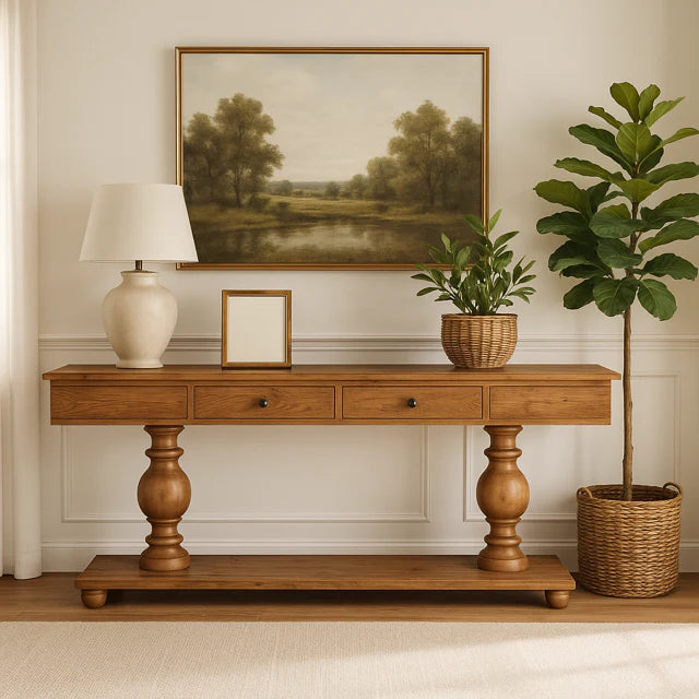 The Leeds Console Table with three drawers holds a white lamp, framed picture, and potted plant. A landscape painting hangs above it, while a large leafy plant in a basket beside the table enhances the rustic charm of the cream-colored wall.