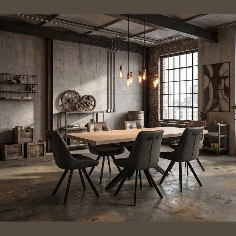 A modern industrial-style meeting room featuring the Dalton 160cm Ext Table & 6 Pedro Chairs, with exposed brick walls, large windows, pendant lights, metal shelves, decorative gears, and a potted plant.