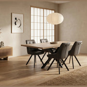 Minimalist dining room featuring the Dalton 160cm Ext Table & 6 Pedro Chairs, a paper lantern pendant light, sideboard decor, abstract wall art, and a large shoji-style window in neutral tones.