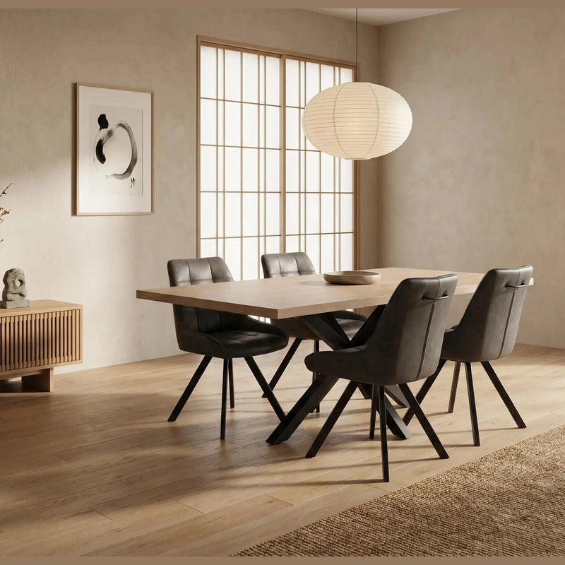 Minimalist dining room featuring the Dalton 160cm Ext Table & 6 Pedro Chairs, a paper lantern pendant light, sideboard decor, abstract wall art, and a large shoji-style window in neutral tones.