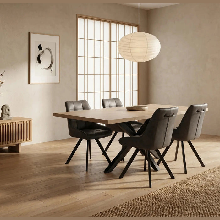 Minimalist dining room featuring the Dalton 160cm Ext Table & 6 Pedro Chairs, a paper lantern pendant light, sideboard decor, abstract wall art, and a large shoji-style window in neutral tones.