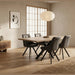 Minimalist dining room featuring the Dalton 160cm Ext Table & 6 Pedro Chairs, a paper lantern pendant light, sideboard decor, abstract wall art, and a large shoji-style window in neutral tones.