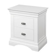 The Bella Two Drawer Locker is a white wooden nightstand with a semi-gloss finish, two drawers with polished chrome cup handles, decorative molding, and an arched cutout at the base.