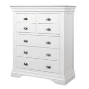 The Bella Drawer Chest is a classic, elegant dresser in semi-gloss white with a flared top and curved base. It features five spacious drawers and two smaller top drawers, all with polished chrome cup handles.