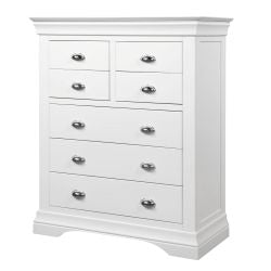 The Bella Drawer Chest is a classic, elegant dresser in semi-gloss white with a flared top and curved base. It features five spacious drawers and two smaller top drawers, all with polished chrome cup handles.