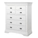 The Bella Drawer Chest is a classic, elegant dresser in semi-gloss white with a flared top and curved base. It features five spacious drawers and two smaller top drawers, all with polished chrome cup handles.