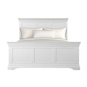 The Bella Bedframe is a white wooden bed frame with a high headboard and footboard, panel detailing, and a semi-gloss white finish. Shown with white pillows and bedding.