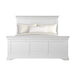 The Bella Bedframe is a white wooden bed frame with a high headboard and footboard, panel detailing, and a semi-gloss white finish. Shown with white pillows and bedding.