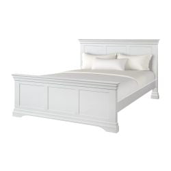 The Bella Bedframe is a white wooden bed with a high headboard and footboard, panel detailing, and a semi-gloss white finish. Shown neatly made with crisp white bedding and pillows.