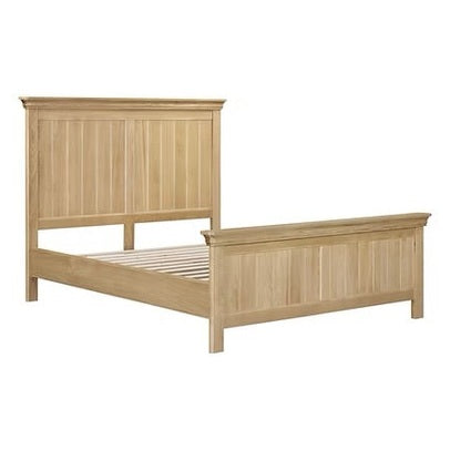 The Oslo Bedframe features a high headboard and low footboard with vertical panels, finished in light oak. Mattress not included.