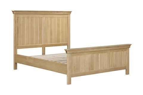 The Oslo Bedframe features a high headboard and low footboard with vertical panels, finished in light oak. Mattress not included.