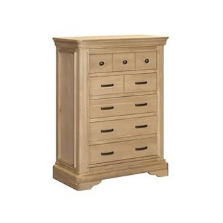 The Oslo Tall Chest features a light oak finish, seven drawers—three small on top and four large below—with modern handles. It stands on a flat base and is shown against a white background.