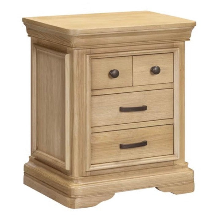 The Oslo Bedside Locker, finished in light oak, features two small drawers with round knobs above two larger drawers with modern handles, all displayed against a white background.