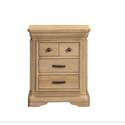 The Oslo Bedside Locker features a light oak finish with four drawers—two small above two large—and contemporary dark metal handles, all against a plain white background.