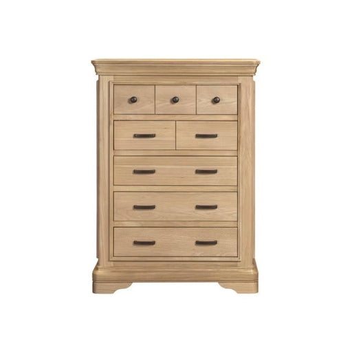 The Oslo Tall Chest features a light oak finish, eight drawers—three small upper and five large lower—with modern handles, all set on a sturdy base.