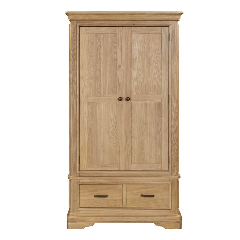 The Oslo Wardrobe features two paneled doors with round handles, two bottom drawers with rectangular handles, and a light oak finish.