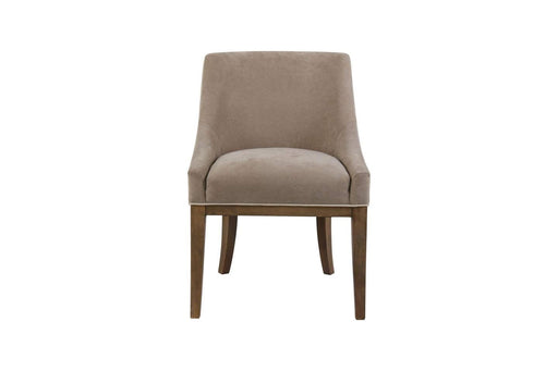 The Louis Dining Chair, featuring beige upholstery, a curved backrest, and wooden legs, is shown from the front against a white background.