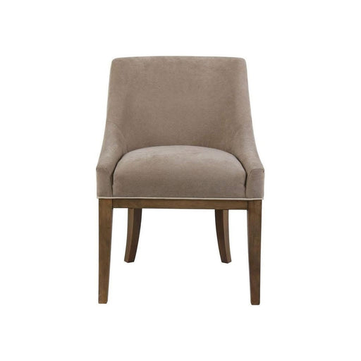 The Louis Dining Chair, featuring beige upholstery, a curved backrest, and wooden legs, is shown from the front against a white background.