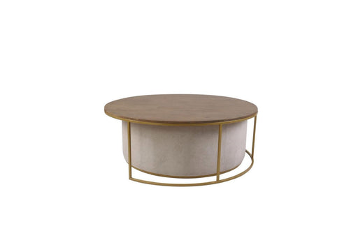 The Todi Round Coffee Table & Stool Set features a light wood top, cylindrical light gray base, and gold metal accents—ideal for contemporary spaces. Displayed against a plain white background.