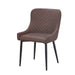 The Diamond Dining Chair features brown quilted upholstery, a curved backrest, armrests, and four slim black metal legs for a stylish retro look.